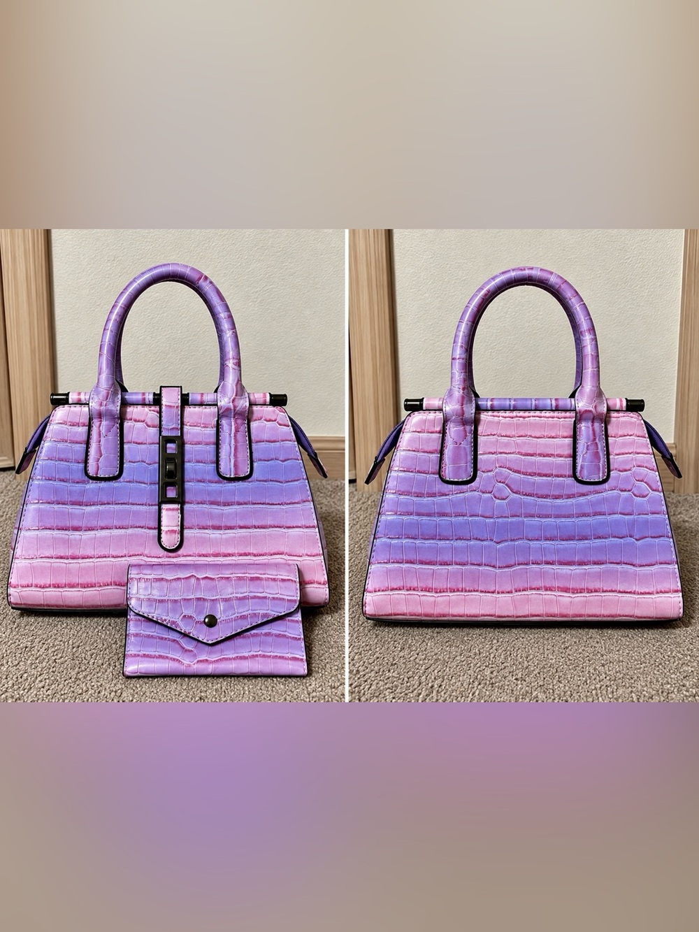 Pink & Lavender Glossy Croc-Embossed Handbag + Matching Wallet – NWOT